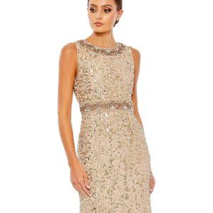 MAC DUGGAL EMBELLISHED SLEEVELESS HIGH NECK MIDI GOL SHEATH DRESS sz 4